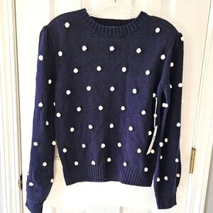 NWT YeMAK Sweater Navy Blue with white dots. Size small